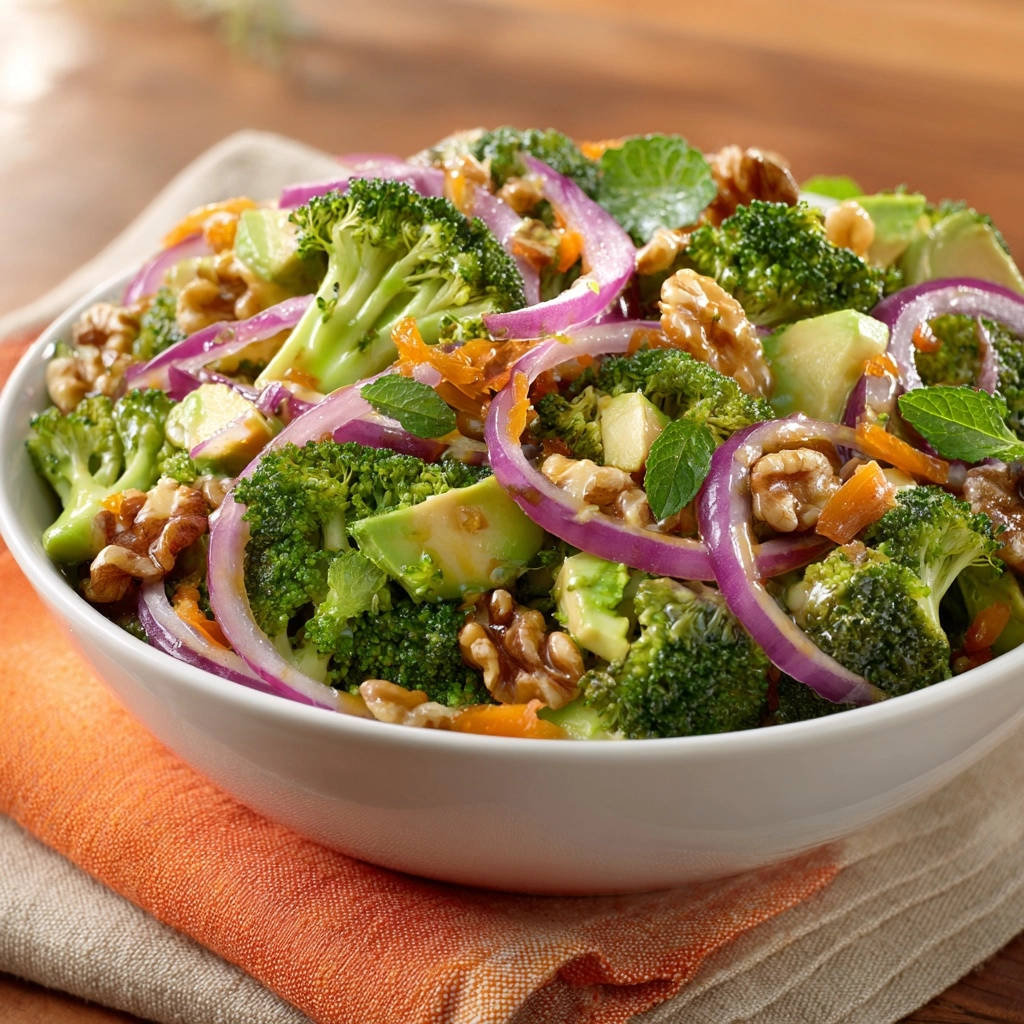 Crunchy broccoli & avocado salad with red onion and walnuts shown in a white bowl with a close-up view.