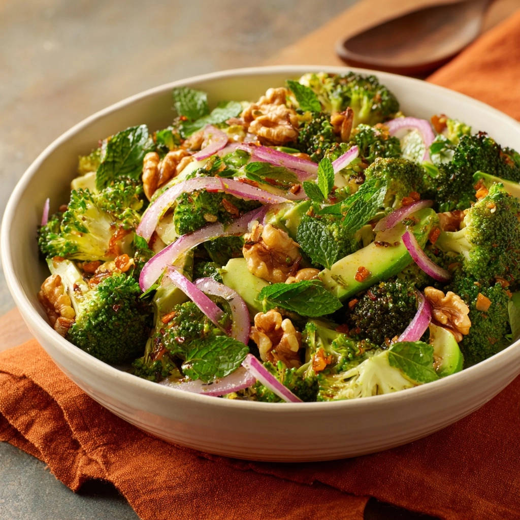 Crunchy Broccoli & Avocado Salad with red onion and walnuts in a bowl, overhead view.