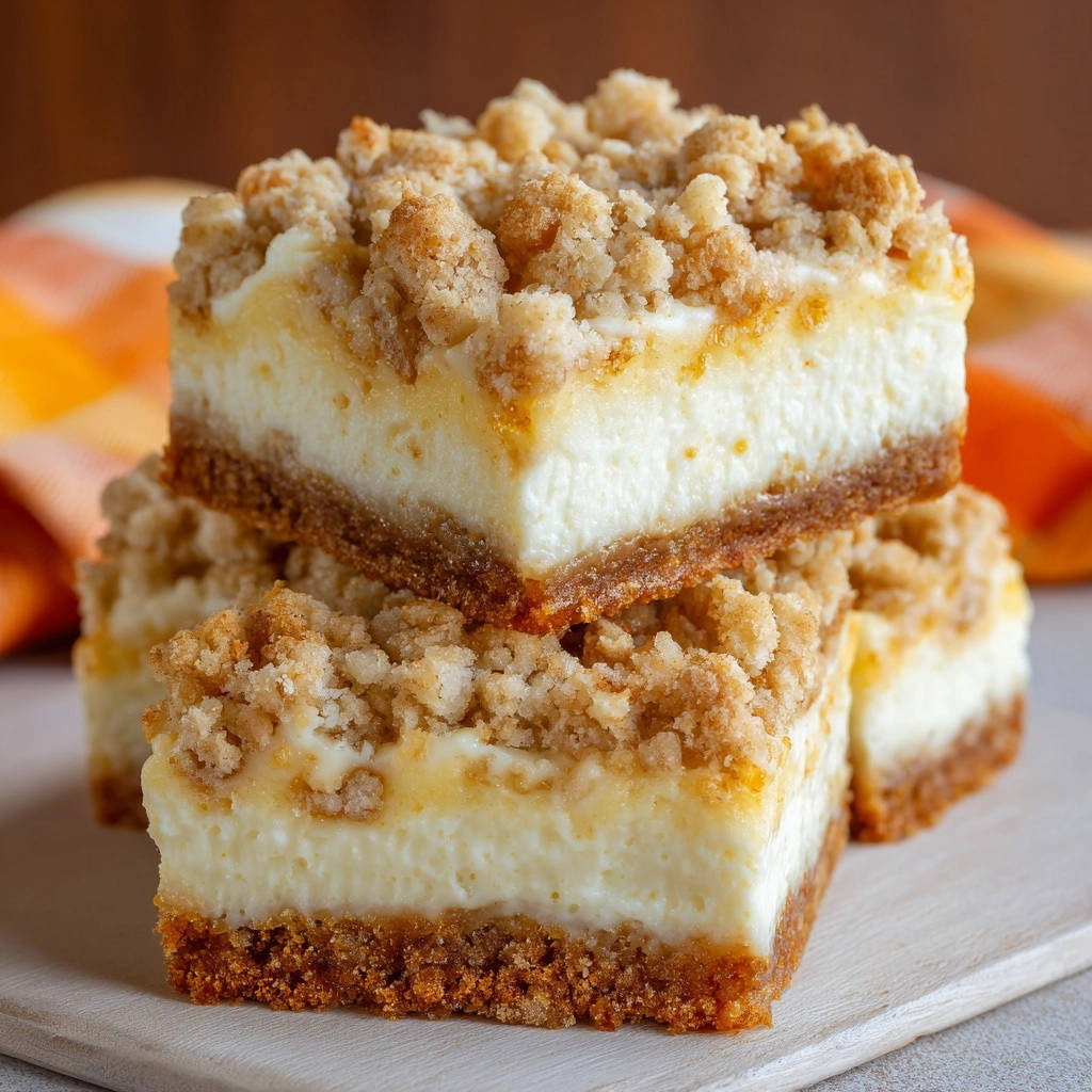 Cheesecake crumb bars shown in a stacked cross-section, revealing the creamy filling and crumb topping.