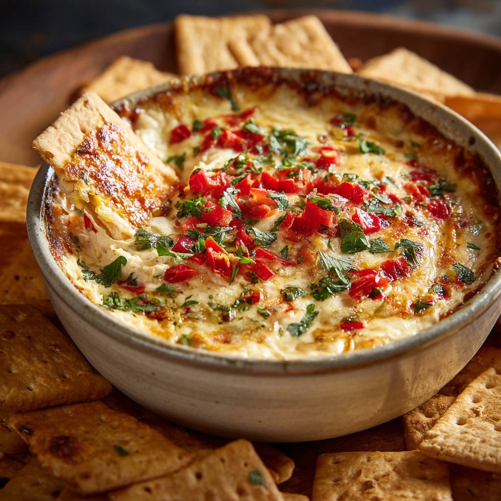 Cheesy baked dip is scooped with a cracker, showing the creamy interior and red pepper topping.