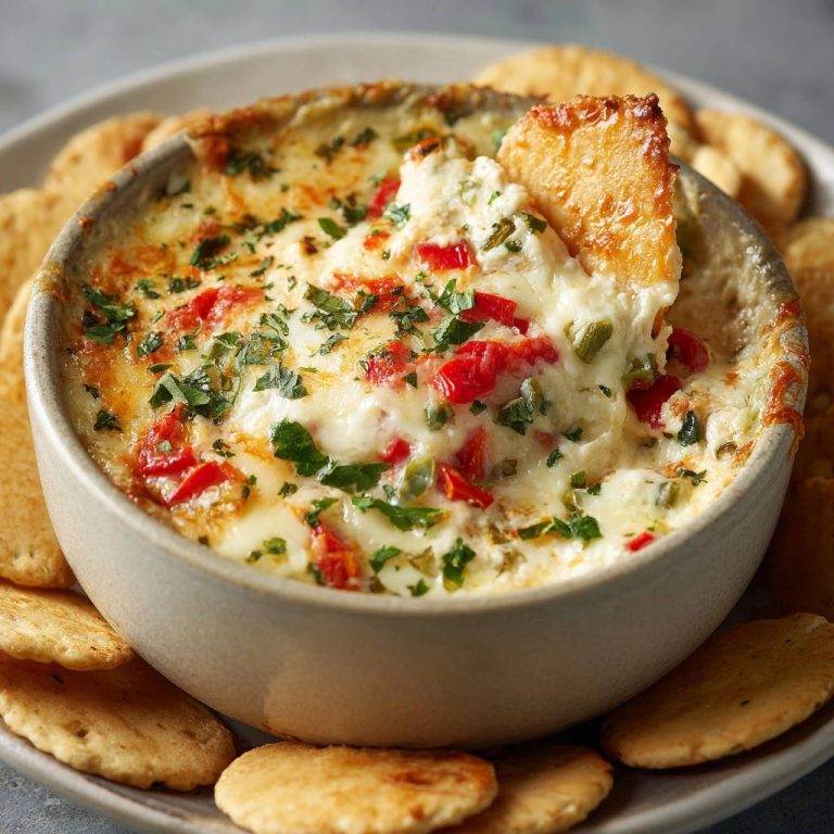 Cheesy baked dip with a cracker scooping up a creamy portion, topped with herbs and red peppers.