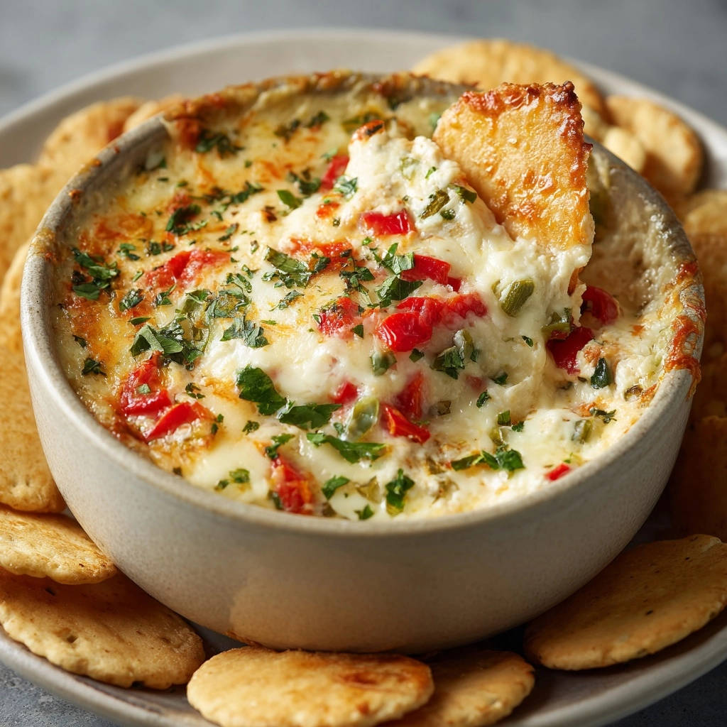 Cheesy baked dip with a cracker scooping up a creamy portion, topped with herbs and red peppers.