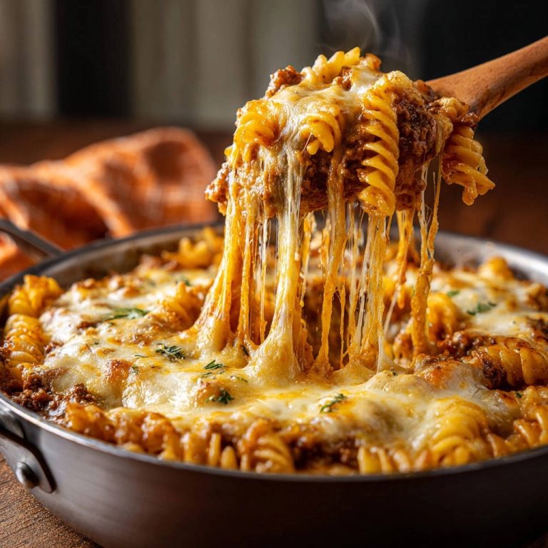 Cheesy baked rotini with meat sauce served on a wooden spoon with long strands of melted cheese.