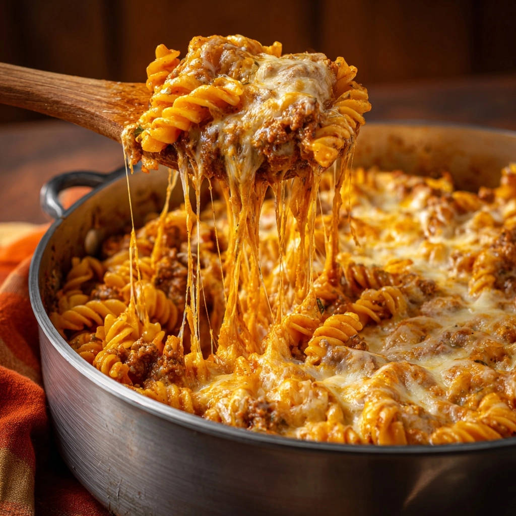 Cheesy baked rotini with meat sauce being lifted by a wooden spoon, showcasing long strands of melted cheese.