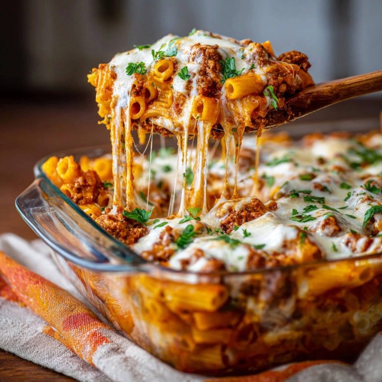 Cheesy baked ziti with a gooey cheese pull being lifted from the baking dish, garnished with parsley.