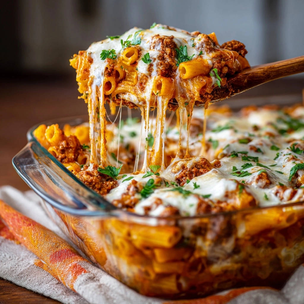 Cheesy baked ziti with a gooey cheese pull being lifted from the baking dish, garnished with parsley.