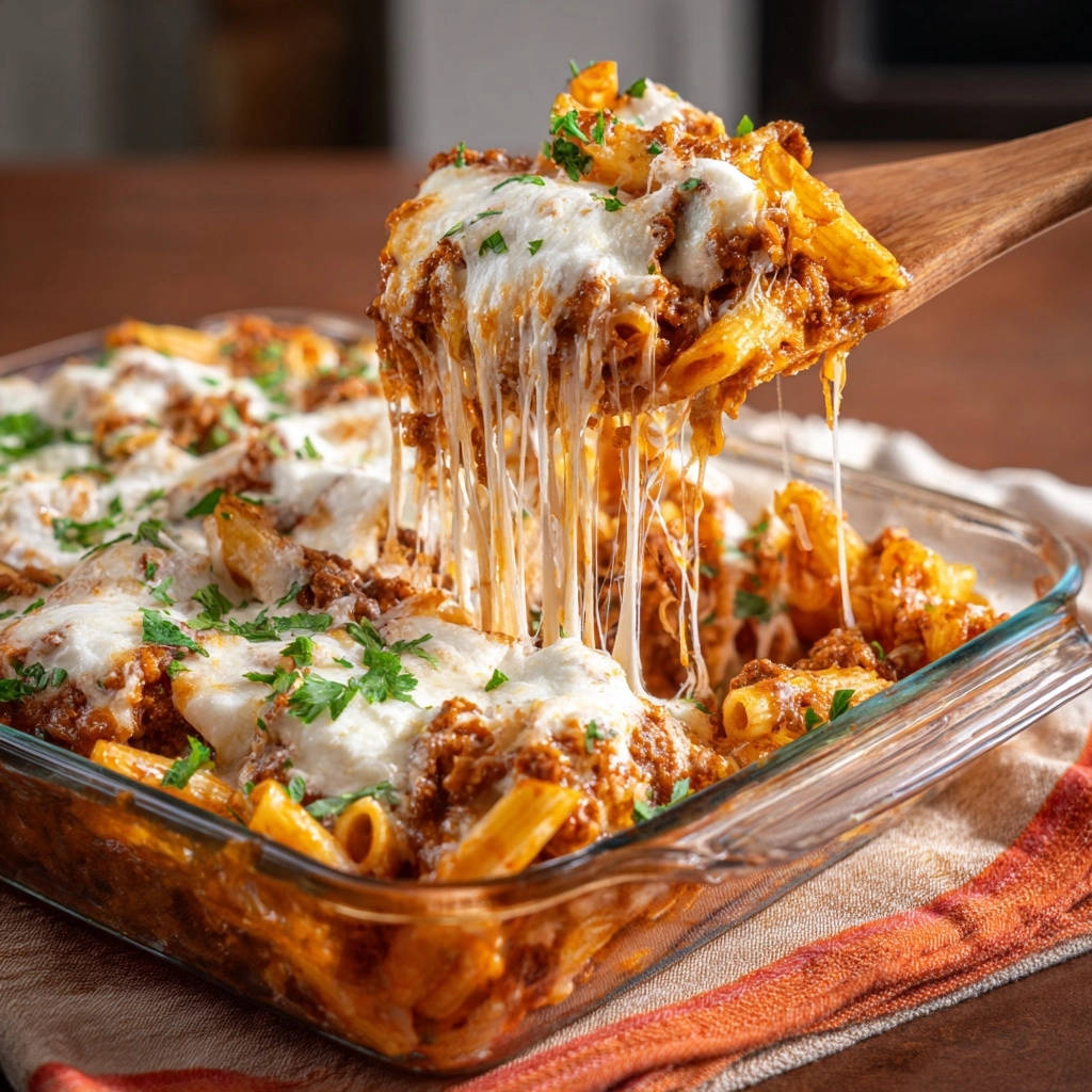 Cheesy baked ziti with a generous serving lifted by a wooden spoon, showcasing a gooey cheese pull.