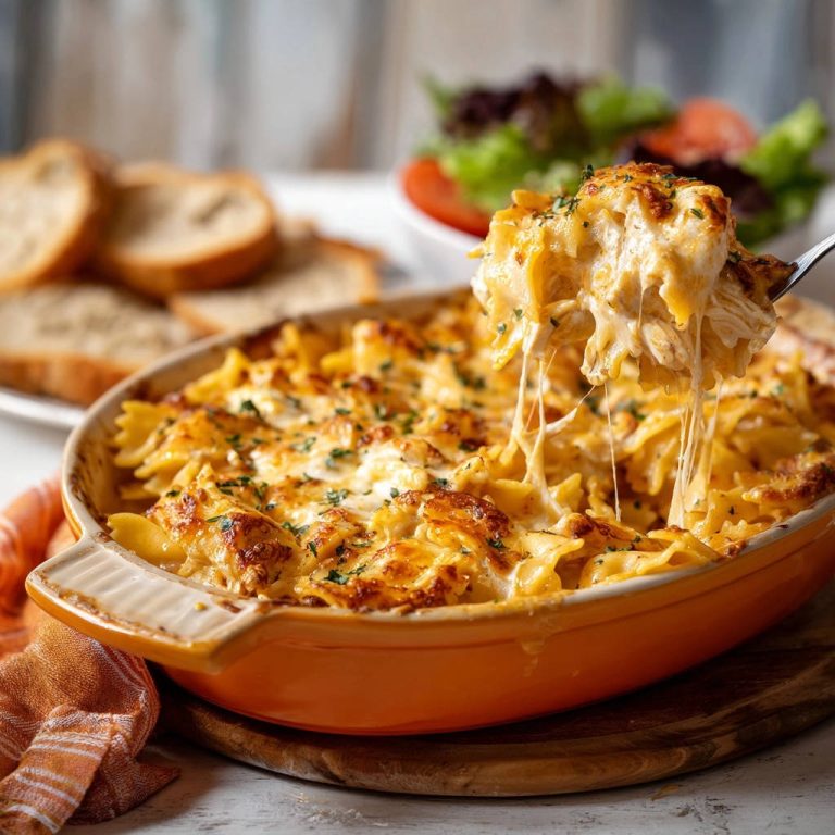 Cheesy Chicken Farfalle Bake with a generous cheese pull being lifted from the baking dish.