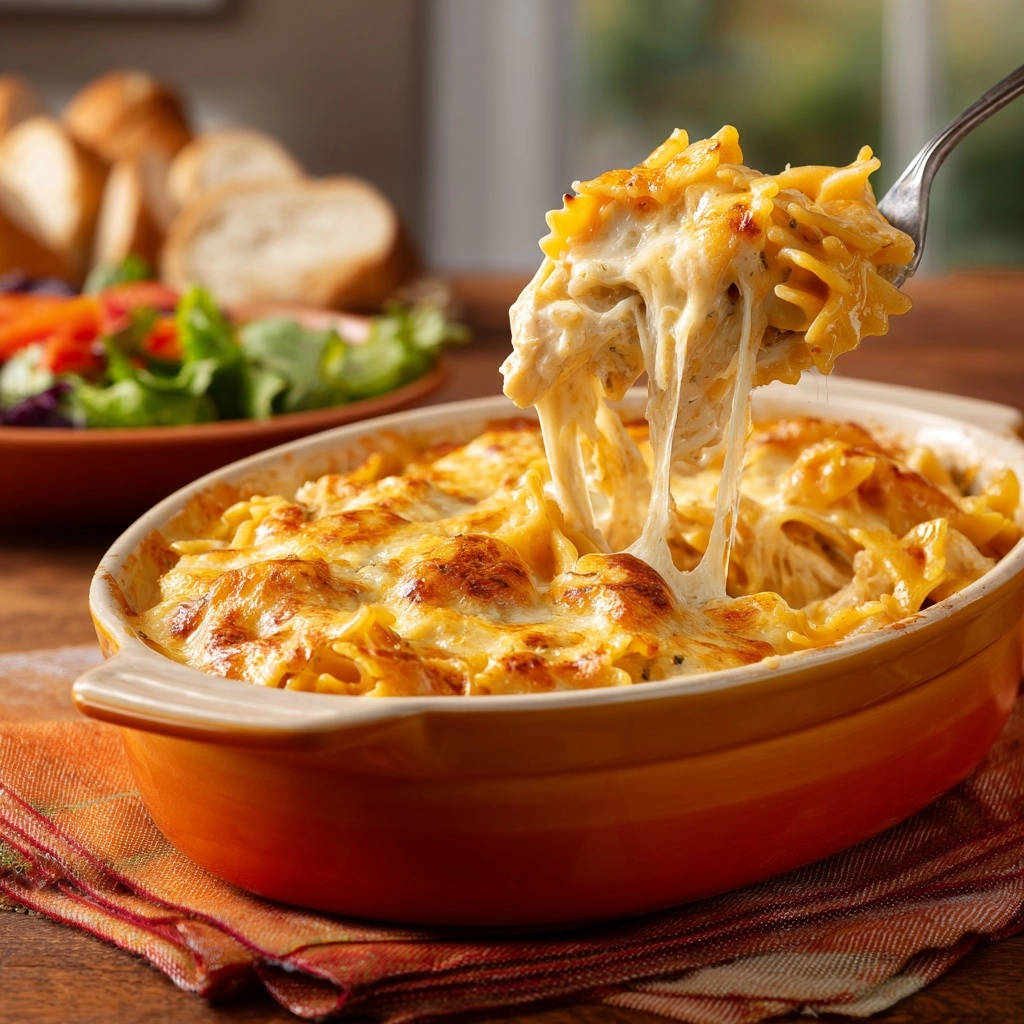 Cheesy chicken farfalle bake with a forkful pulling up strands of melted cheese from the casserole dish.