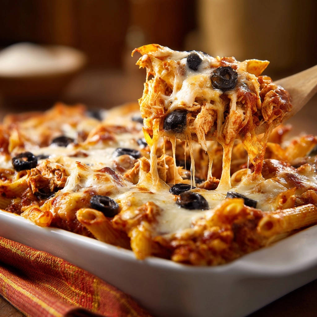 Cheesy chicken & olive pasta bake close-up serving, showing melted cheese stretching from a wooden spoon.