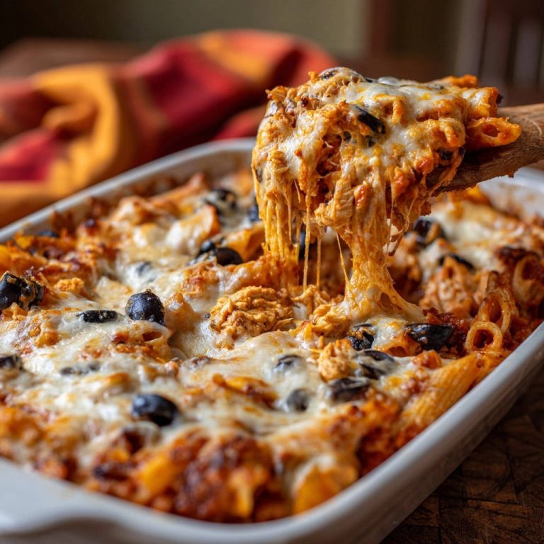Cheesy chicken & olive pasta bake with a gooey cheese pull being lifted by a wooden spoon.