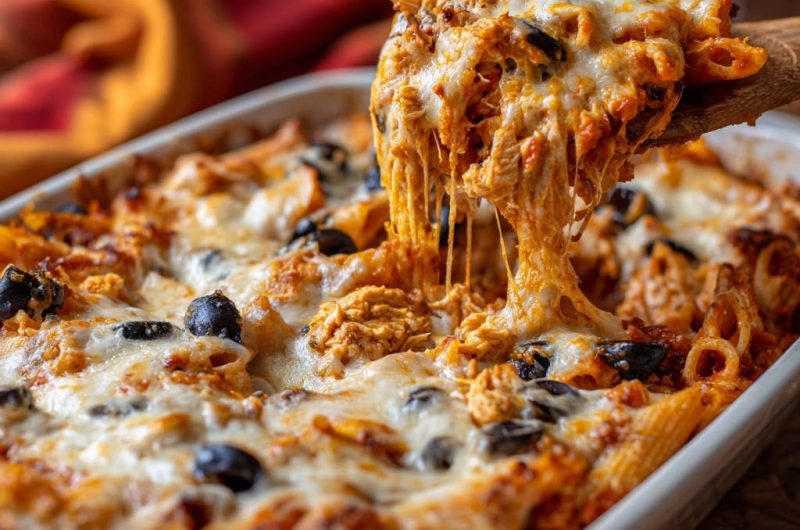 Cheesy Chicken Olive Pasta Bake