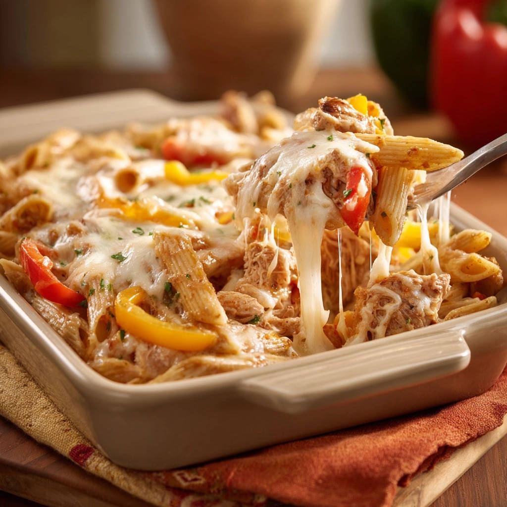 Cheesy chicken and pepper penne bake with a delicious cheese pull captured on a fork.