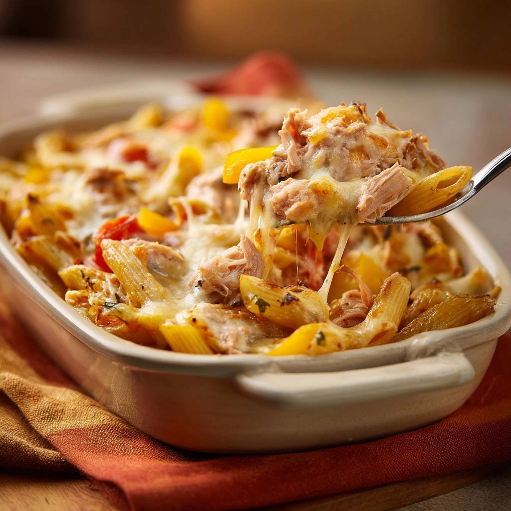 Cheesy chicken and pepper penne bake being lifted from the dish with a spoon, showing melted cheese strings.