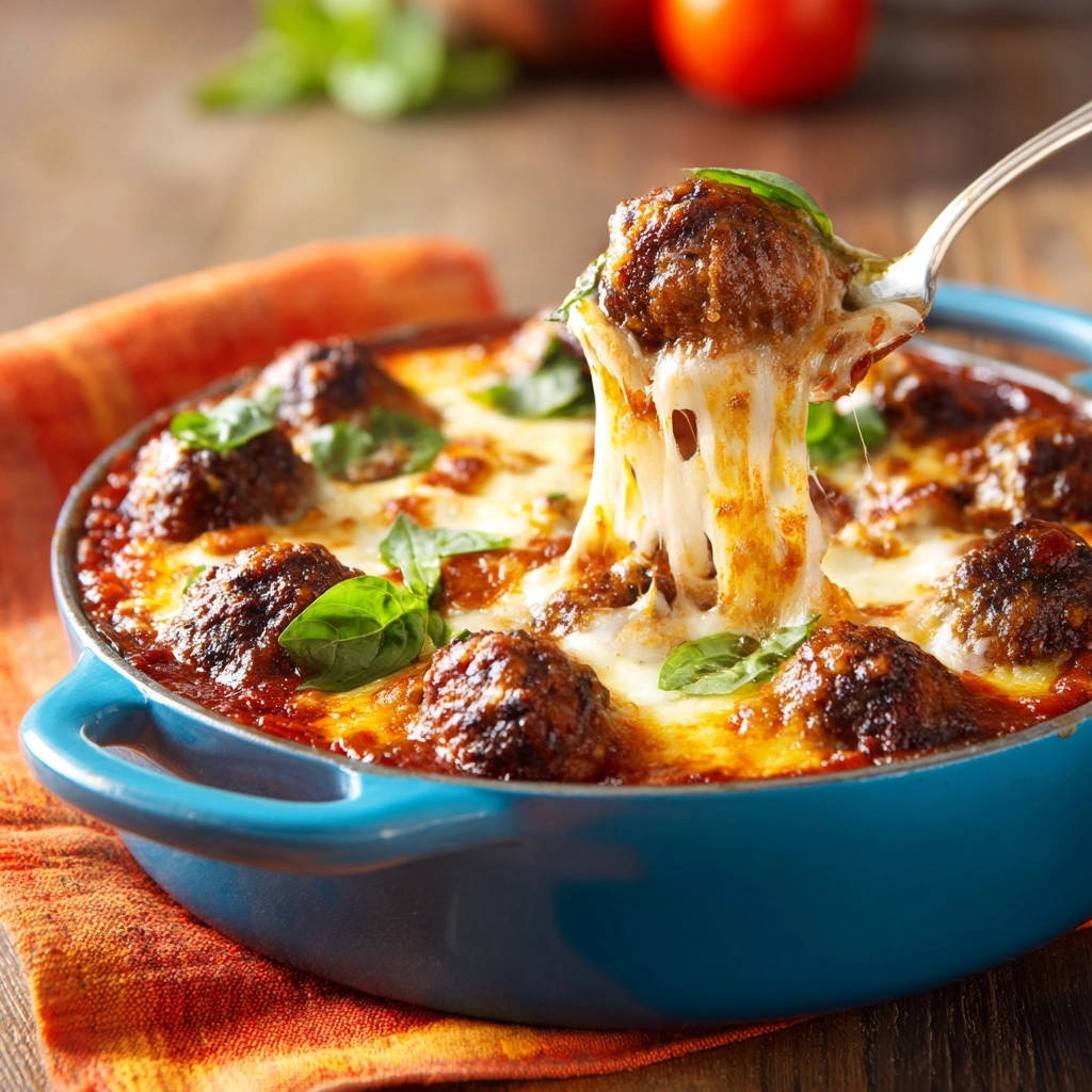Cheesy skillet meatballs with a fork lifting a meatball covered in melted cheese, showing a cheese pull.