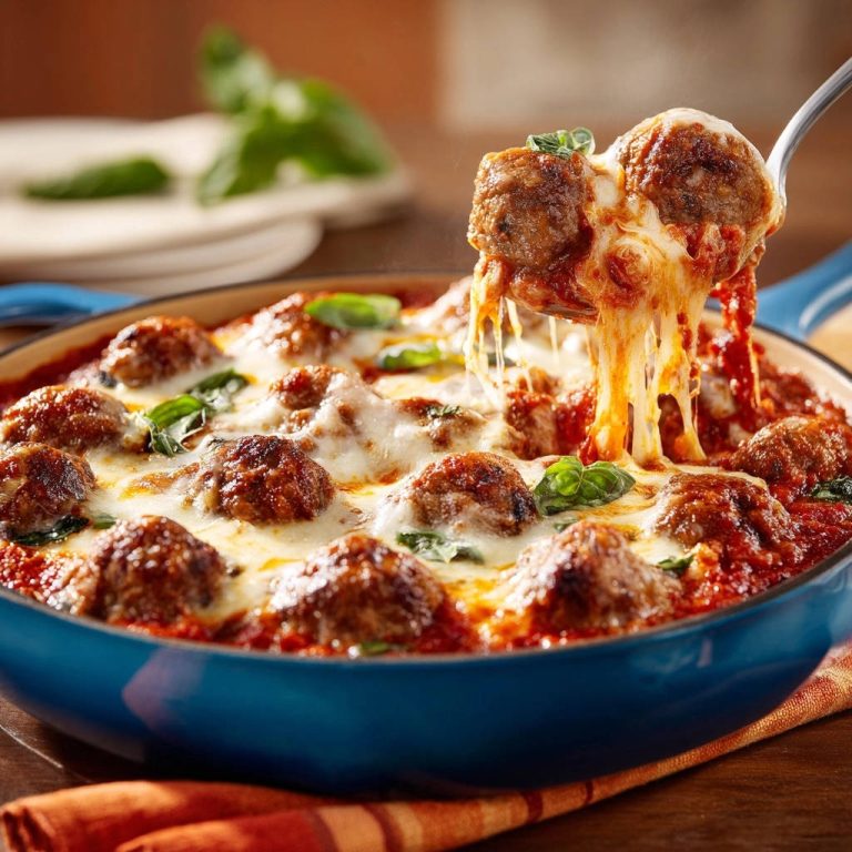 Cheesy skillet meatballs with gooey melted cheese being lifted by a fork, showing tender meatballs in tomato sauce.