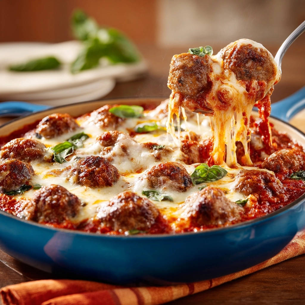 Cheesy skillet meatballs with gooey melted cheese being lifted by a fork, showing tender meatballs in tomato sauce.