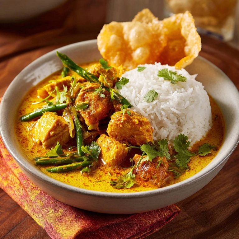 Chicken coconut curry served in a bowl with rice and a crispy papadum, close-up view.