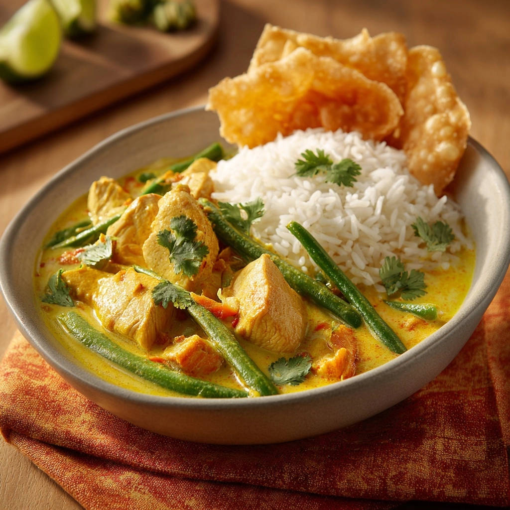 Chicken coconut curry served in a bowl with fluffy rice and topped with crispy chips.