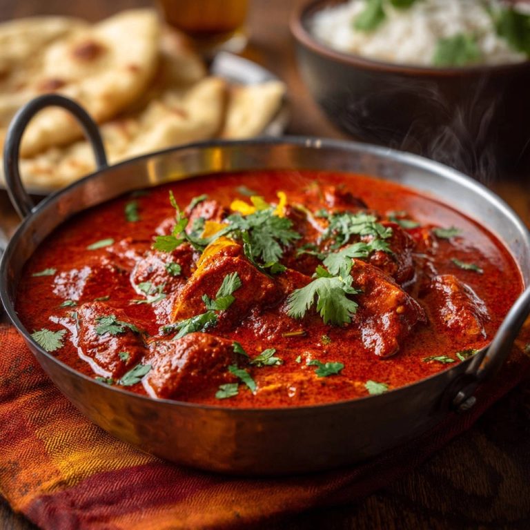 Rich & creamy chicken curry served in a kadhai, garnished with fresh cilantro and steam rising.