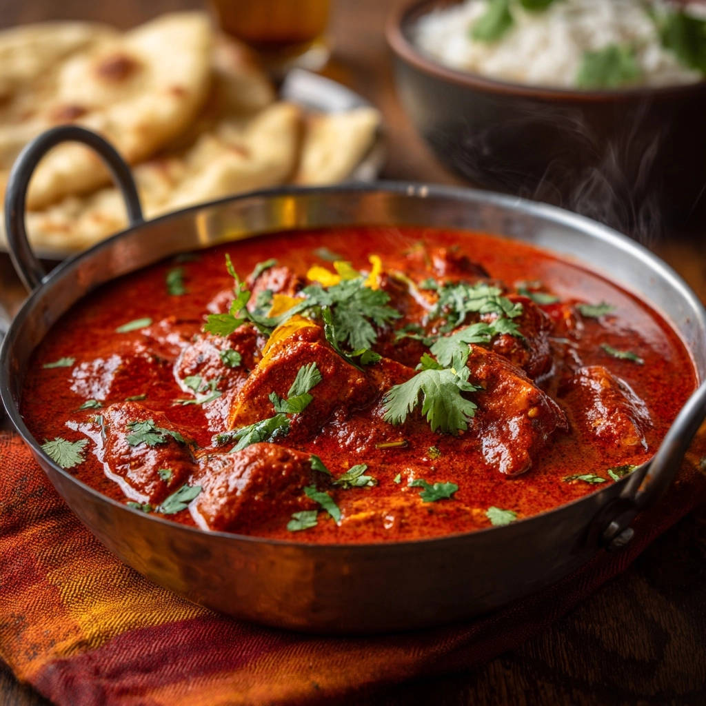 Rich & creamy chicken curry served in a kadhai, garnished with fresh cilantro and steam rising.