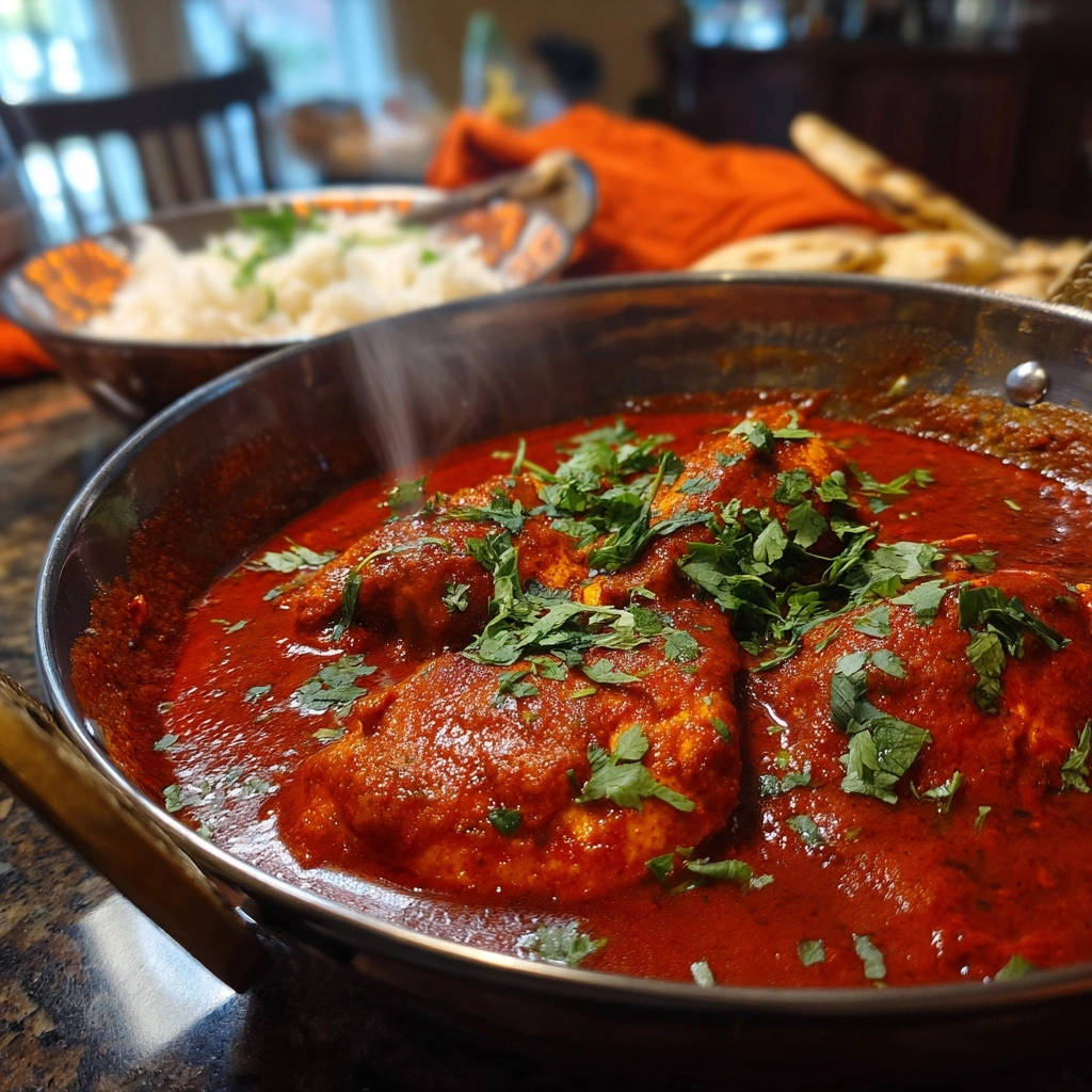 Rich & creamy chicken curry steaming in a copper serving dish, garnished with fresh cilantro.