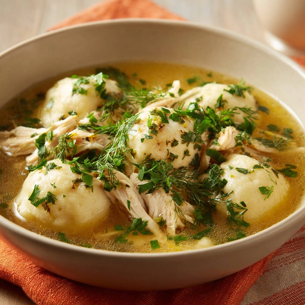 Hearty chicken & dumpling soup with fluffy dumplings and fresh parsley garnish, a comforting and classic dish.