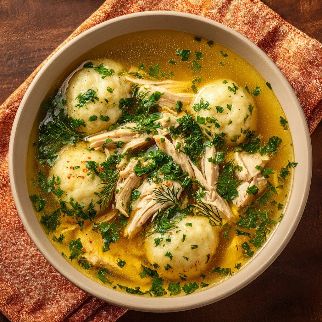 Hearty chicken & dumpling soup with fluffy dumplings and fresh parsley garnish in a bowl, seen from directly overhead.