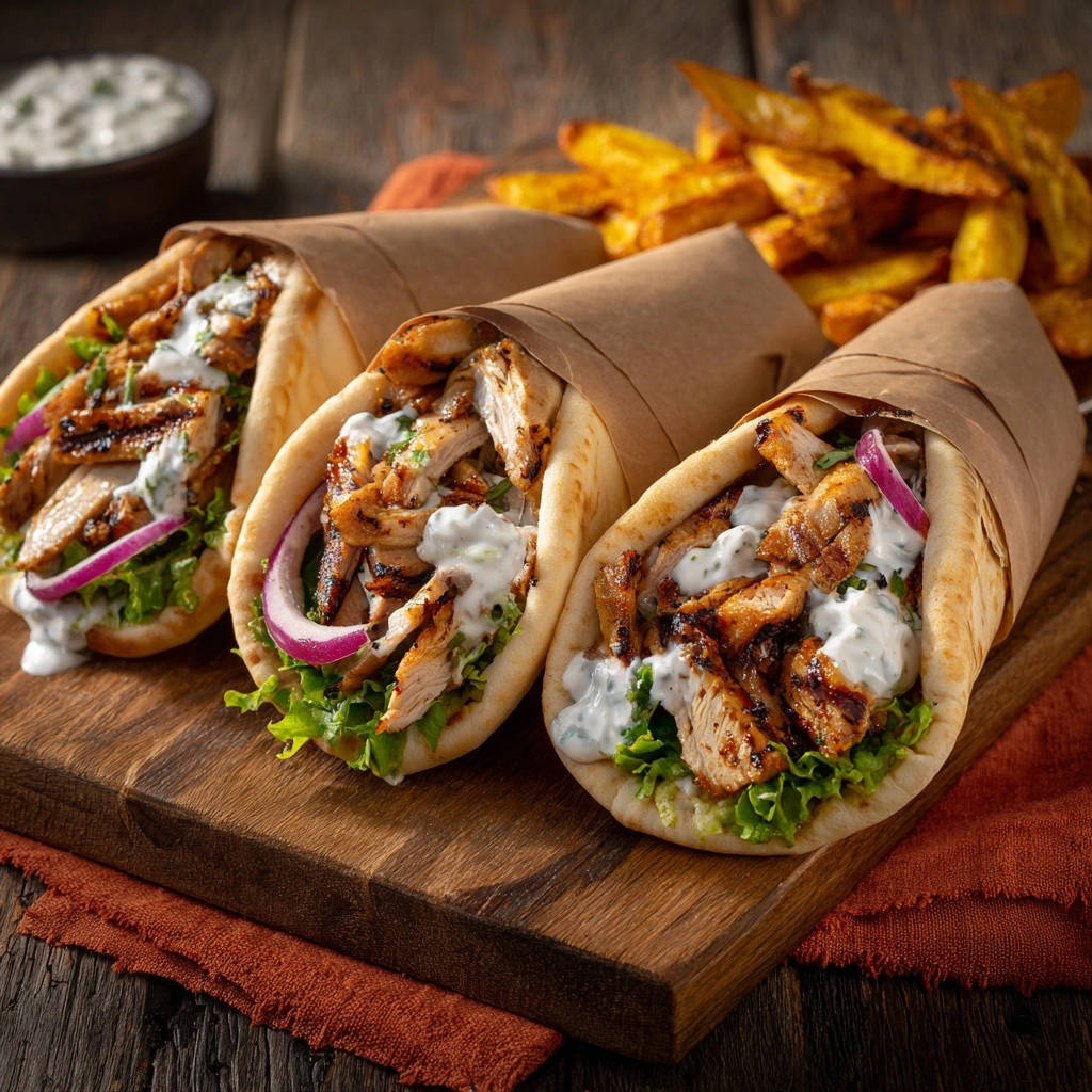 Easy Homemade Chicken Gyros served in a triple portion on a rustic wood platter with seasoned fries.