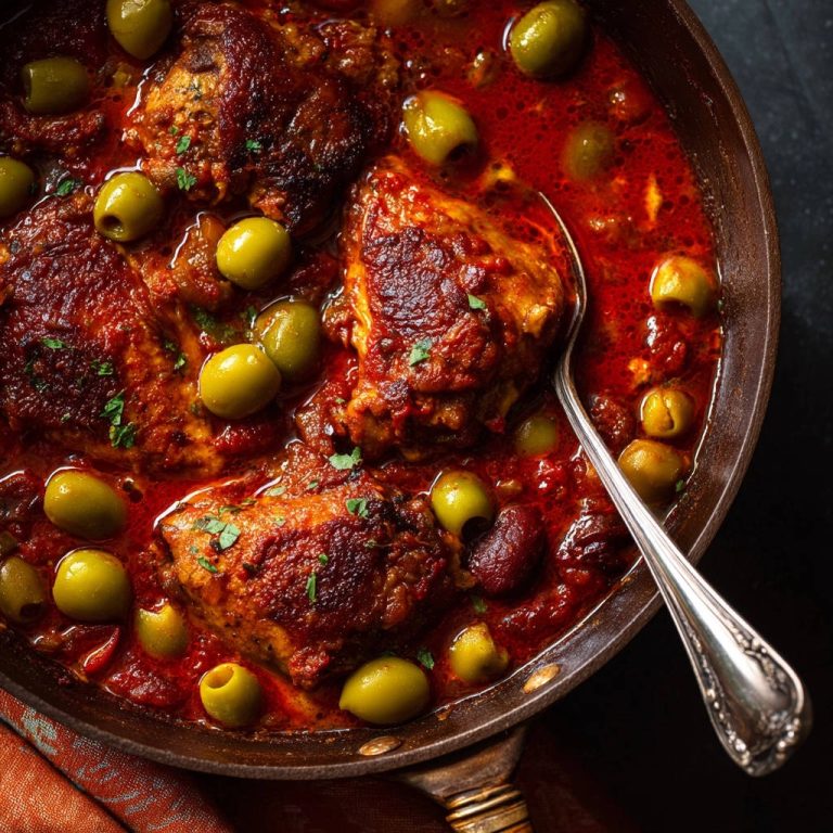 Robust chicken and olive stew shown in an overhead view within a rustic bowl with a silver spoon.