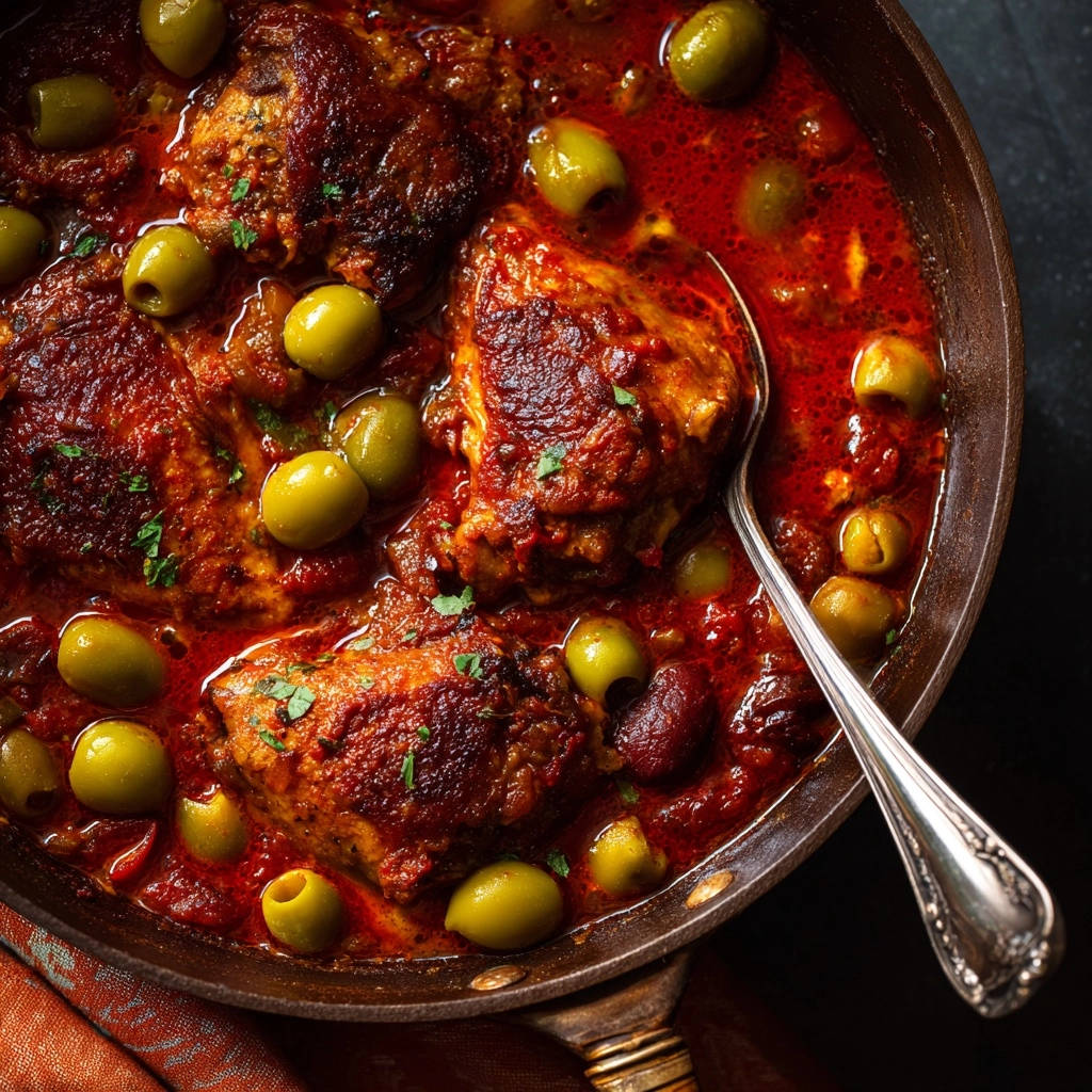 Robust chicken and olive stew shown in an overhead view within a rustic bowl with a silver spoon.