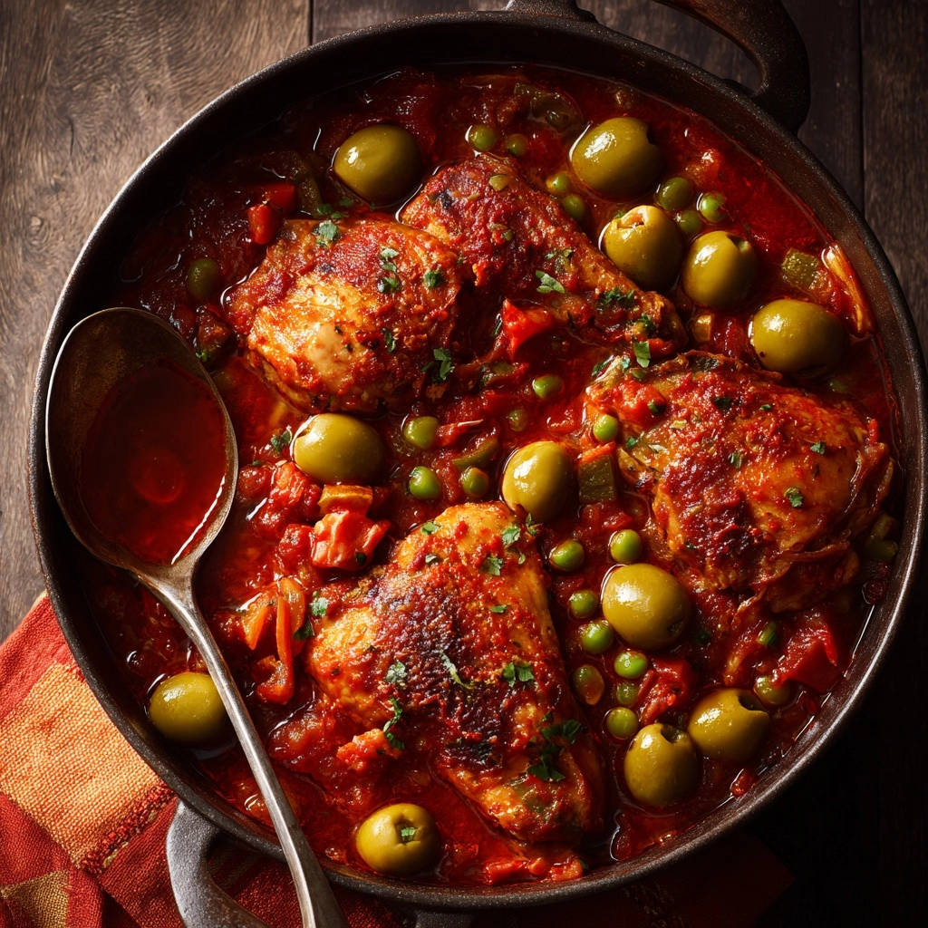 Robust chicken and olive stew presented overhead in a rustic Dutch oven with a serving spoon.