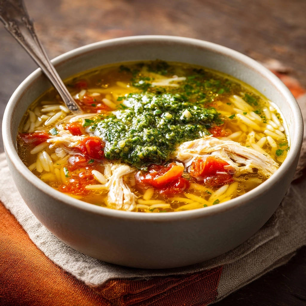 Hearty chicken orzo soup topped with a vibrant green pesto garnish, showcasing shredded chicken and tomatoes.
