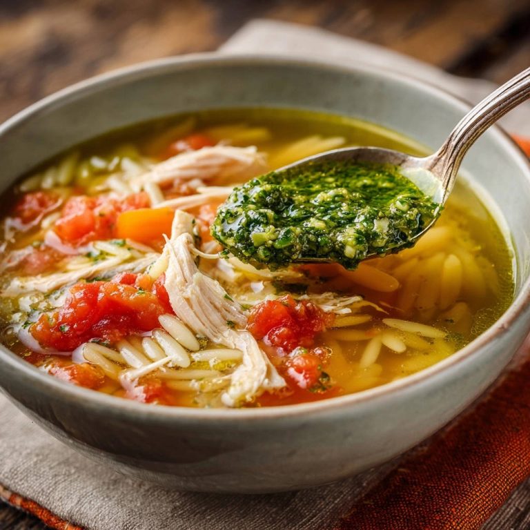 Hearty chicken orzo soup with a spoonful of vibrant green pesto being lifted from the bowl.