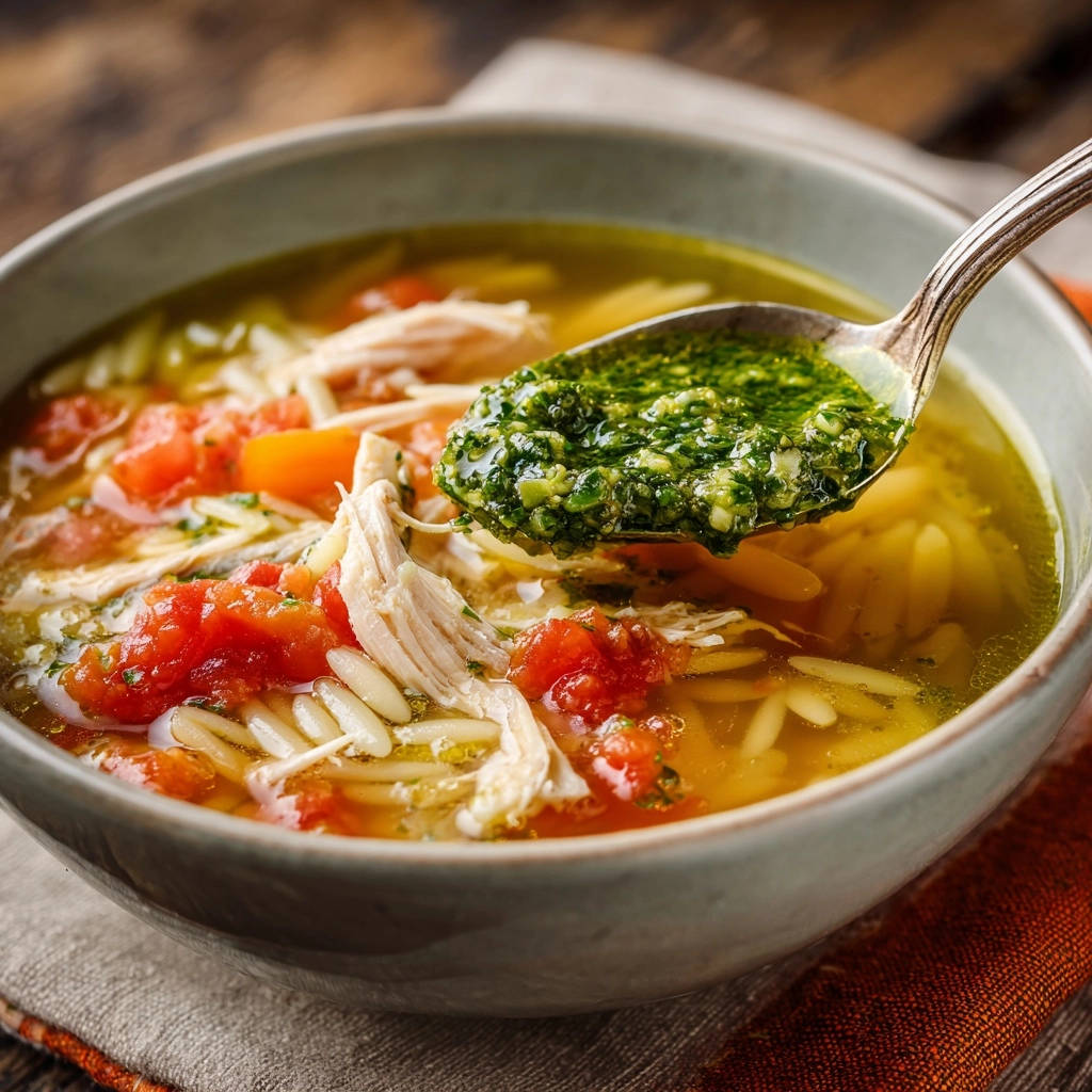 Hearty chicken orzo soup with a spoonful of vibrant green pesto being lifted from the bowl.