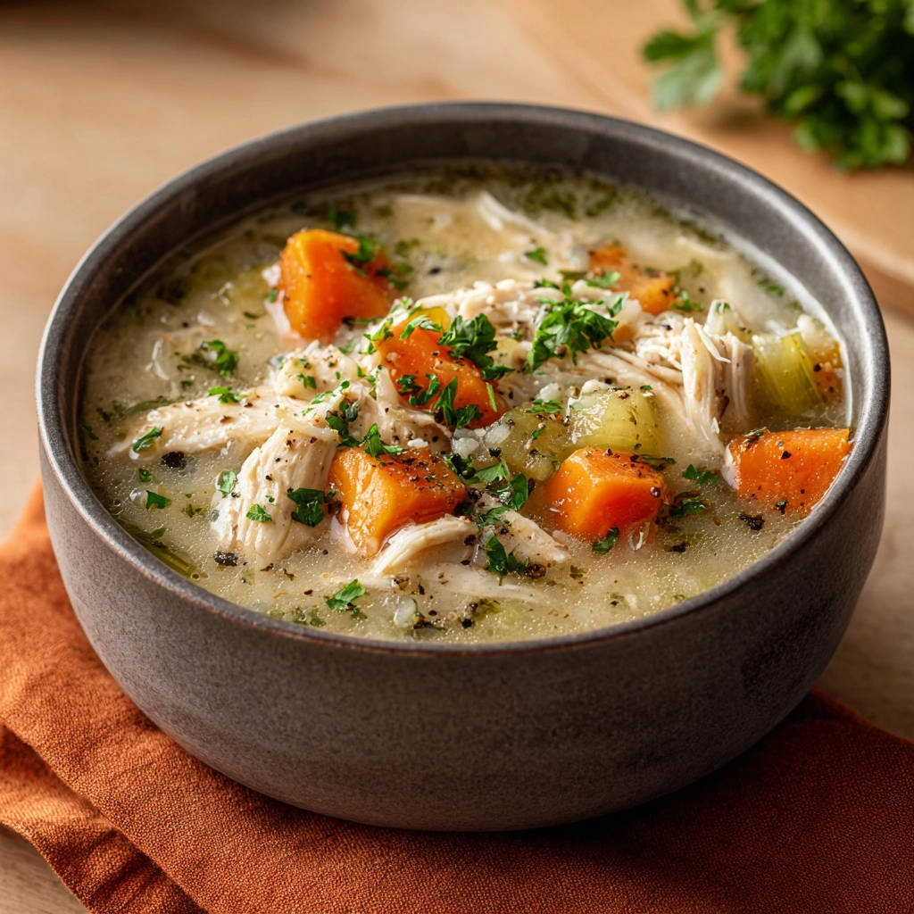 Chicken & Rice Soup with carrots and herbs in a dark bowl, close-up view.