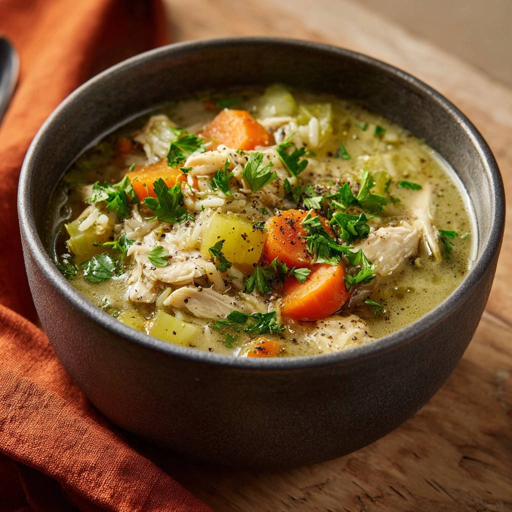 Chicken & Rice Soup with visible chunks of chicken, carrots, celery, and rice, garnished with fresh parsley in a dark bowl.