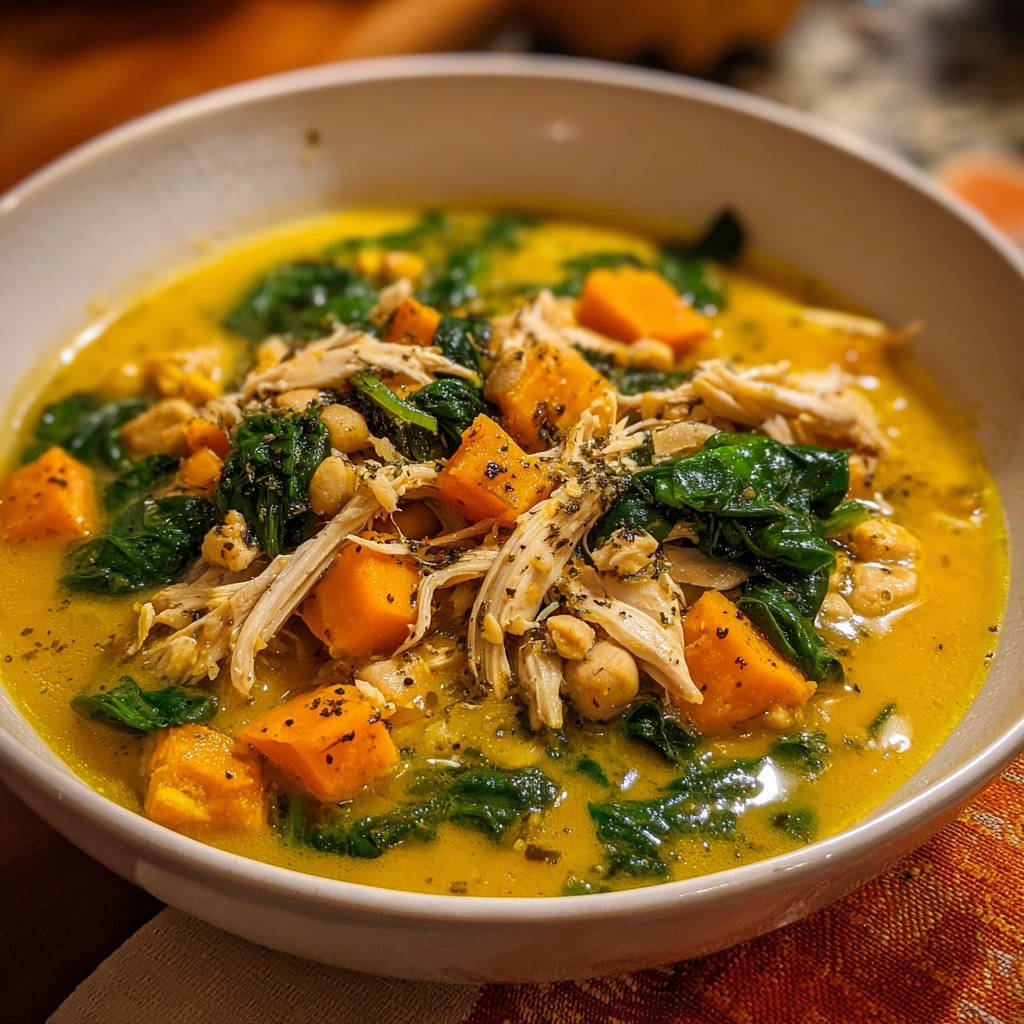 Cozy chicken, spinach, and squash soup served in a white bowl, showing a close-up view of the tender ingredients.