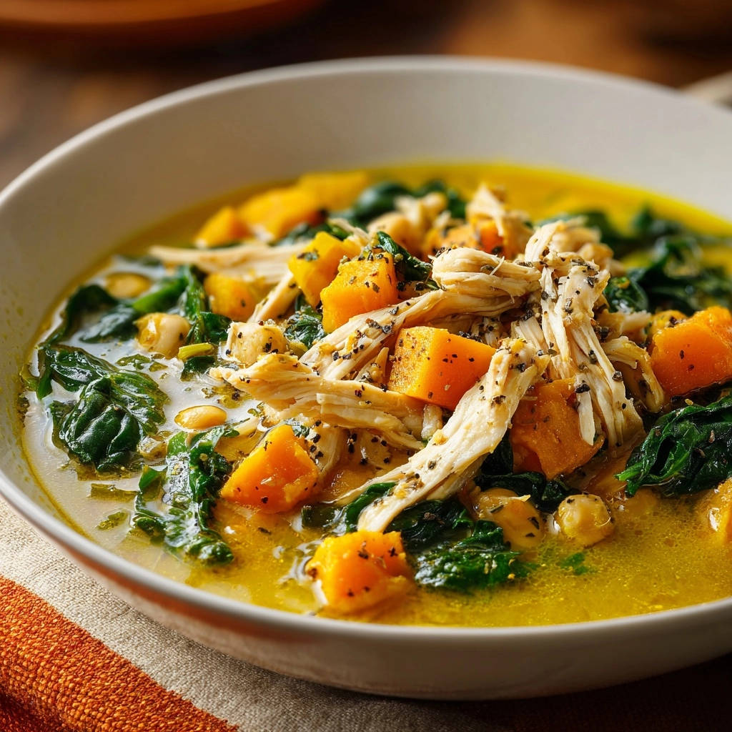 Cozy chicken, spinach, and squash soup in a bowl, showing shredded chicken, butternut squash cubes, and wilted greens.