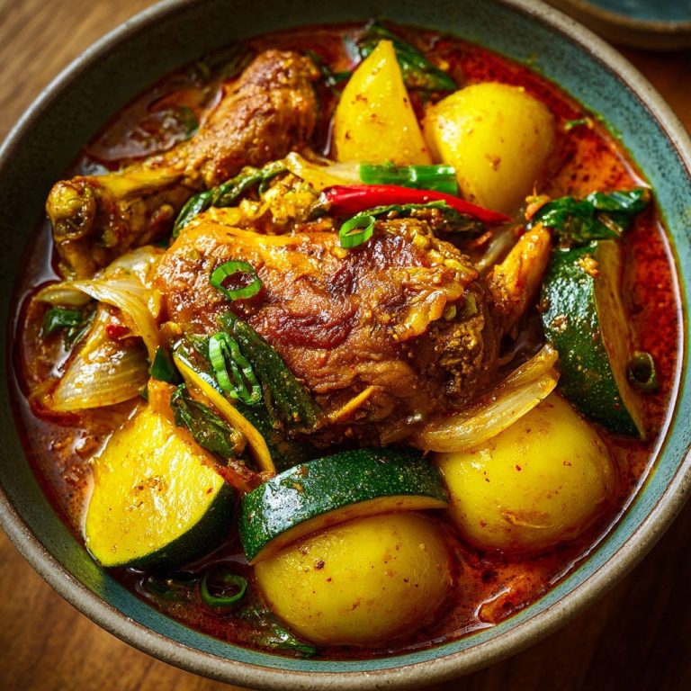 Hearty Chicken & Veggie Braise served in a rustic bowl, featuring tender chicken, potatoes, and zucchini in a rich sauce.