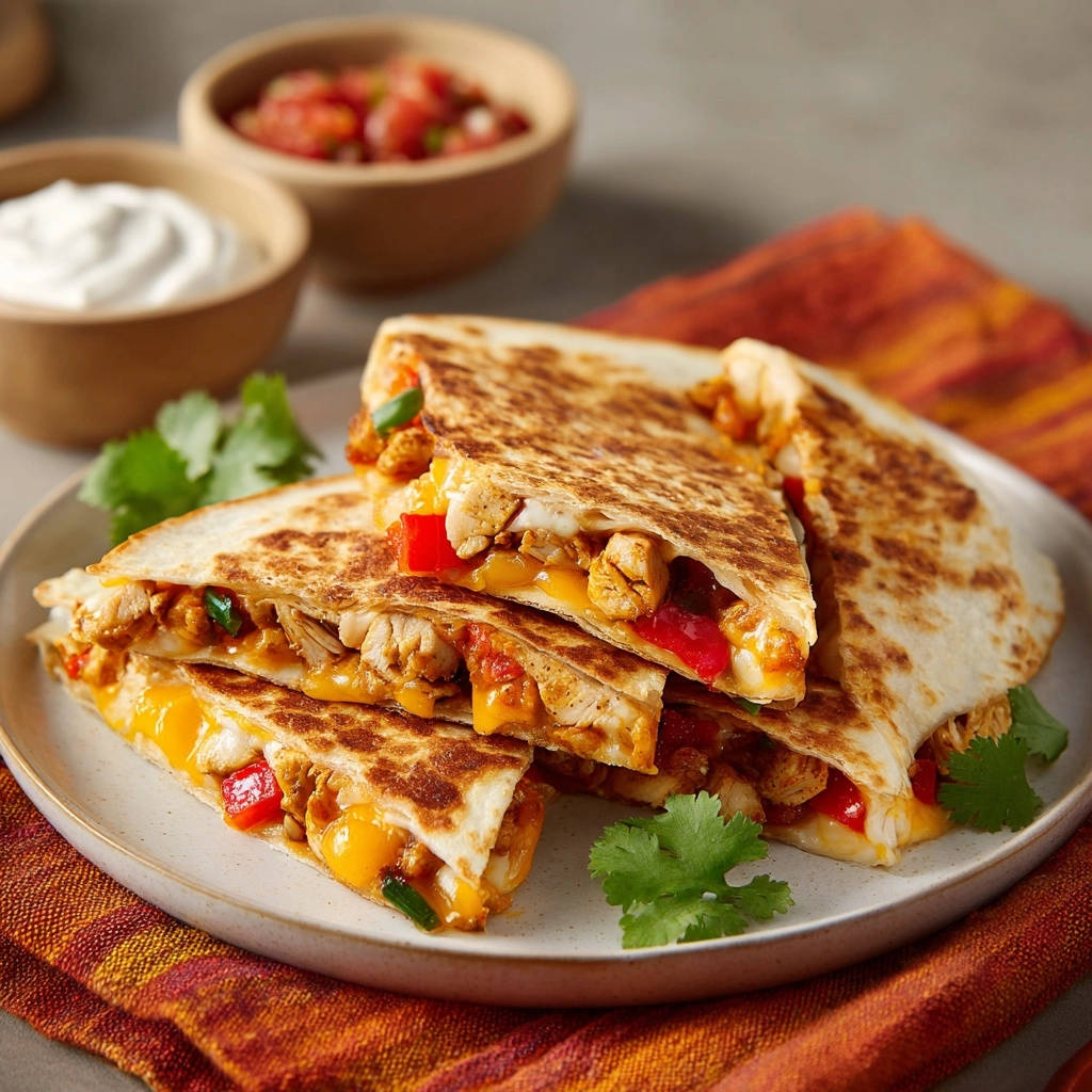 Chicken & veggie quesadillas showing a cross-section with melted cheese, chicken, and peppers.