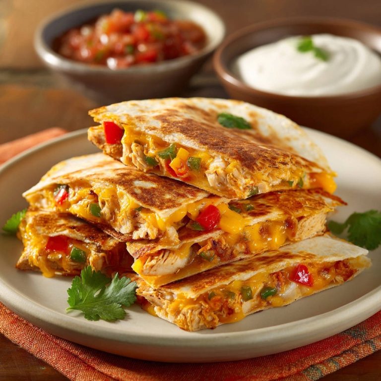 Chicken & Veggie Quesadillas cross-section showing melted cheese and colorful filling, plated with garnishes.