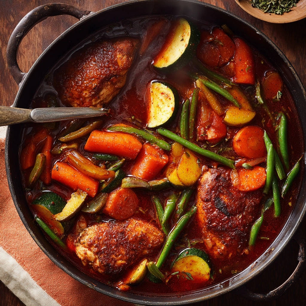 Hearty chicken and veggie stew simmering in a cast iron pot with carrots, green beans, and zucchini.