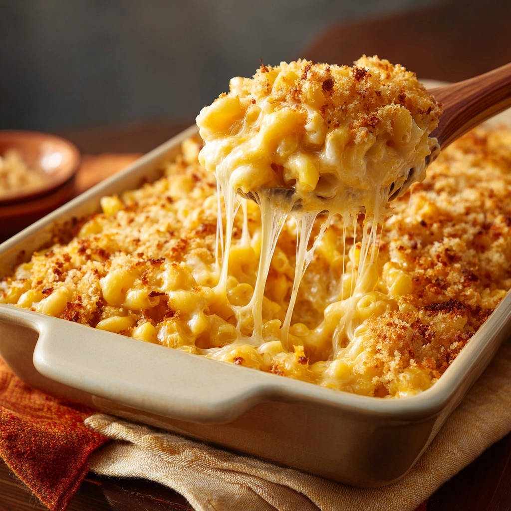 Classic baked mac and cheese with a spoonful lifting to show long, gooey cheese pulls and a golden breadcrumb topping.