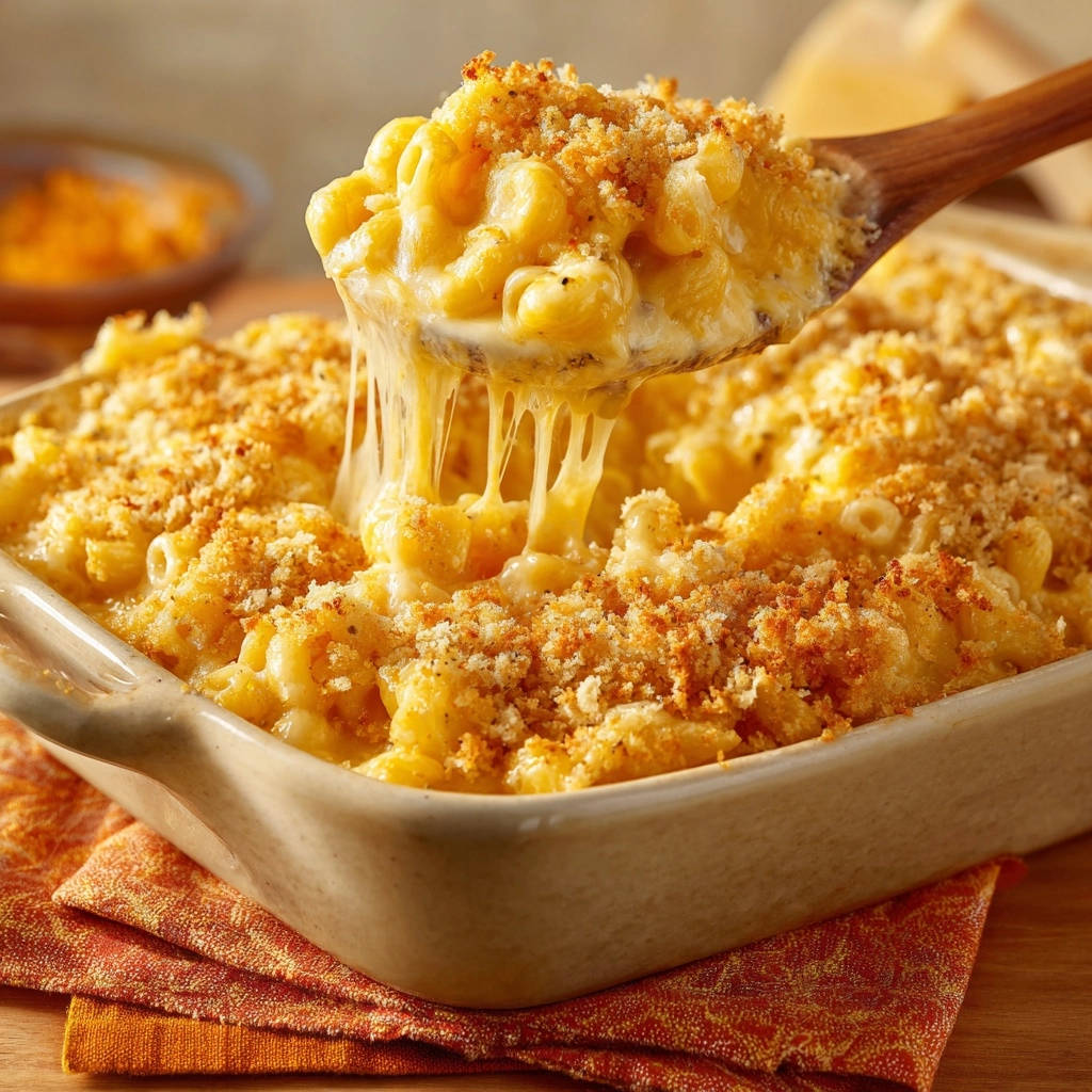 Classic baked mac and cheese being lifted with a wooden spoon, showing long strings of melted cheese.