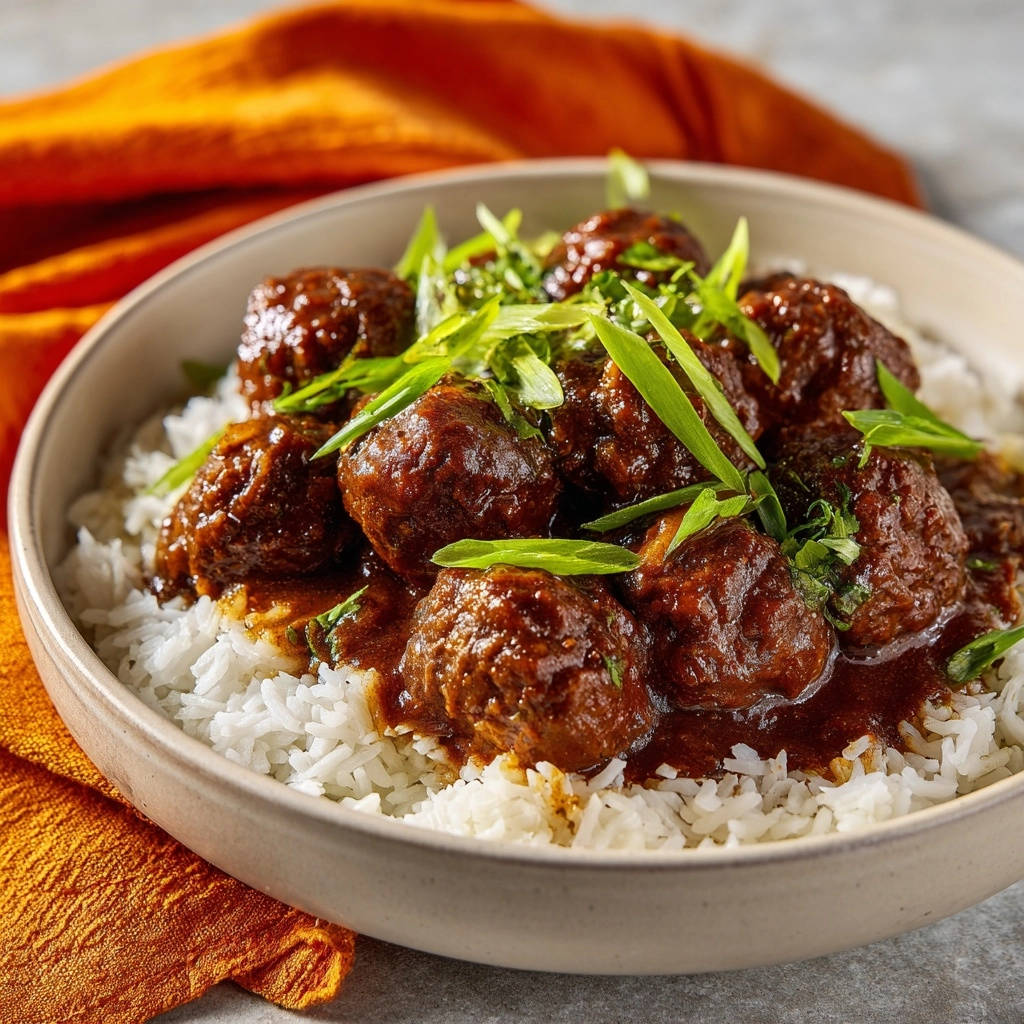 Classic homestyle meatballs and gravy served in a bowl over white rice, garnished with fresh green onions and parsley.
