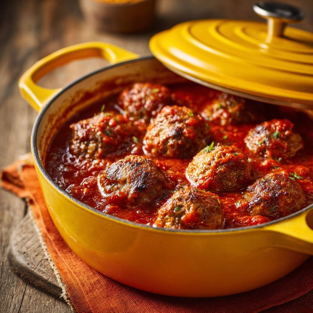 Classic simmered meatballs pictured close-up in a yellow Dutch oven with rich tomato sauce.