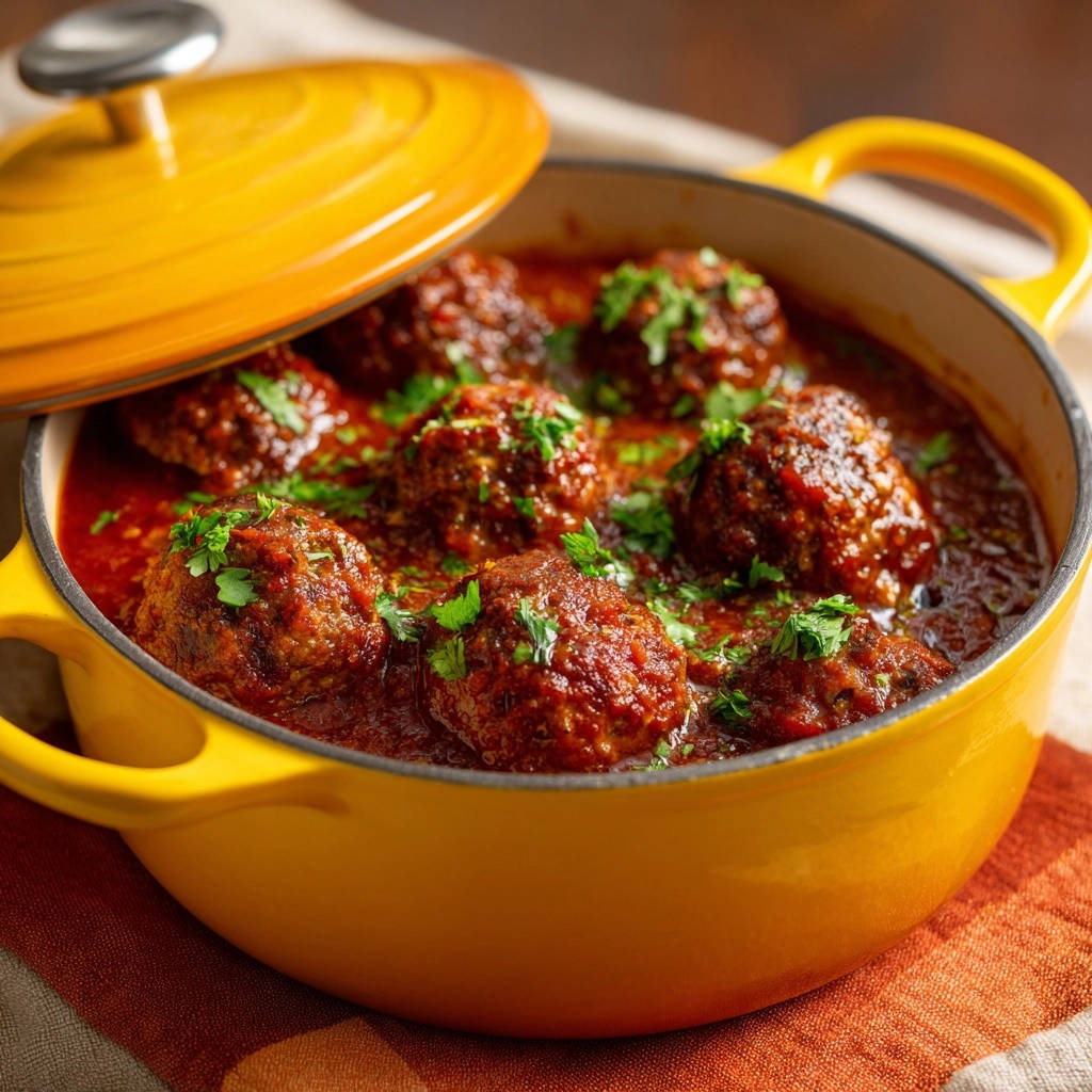 Classic simmered meatballs tender juicy never dry served in a bright yellow Dutch oven with fresh parsley garnish.
