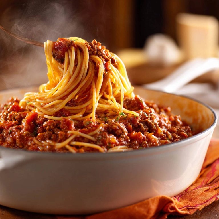 Classic Spaghetti with Rich Meat Sauce, a forkful of pasta with steam rising from the rich meat sauce.