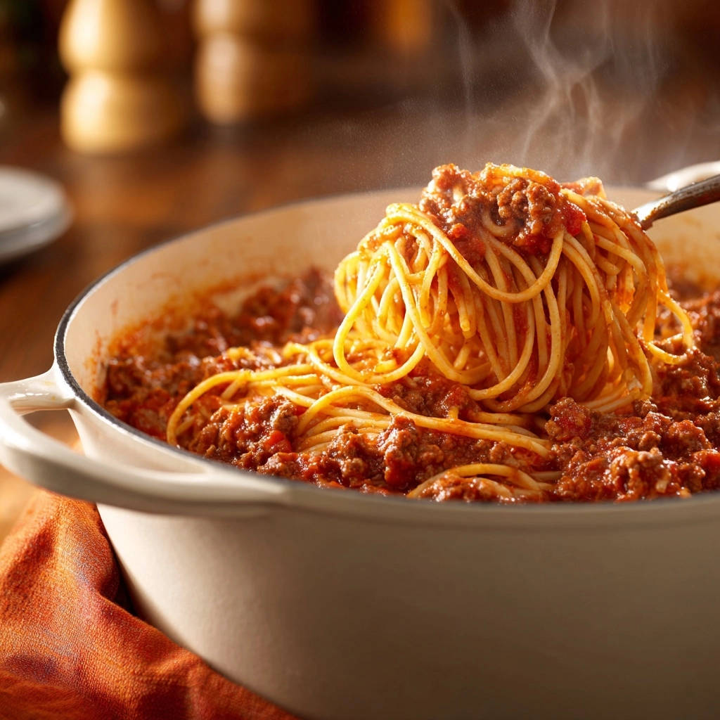 Classic spaghetti with rich meat sauce being served from a pot with a ladle.